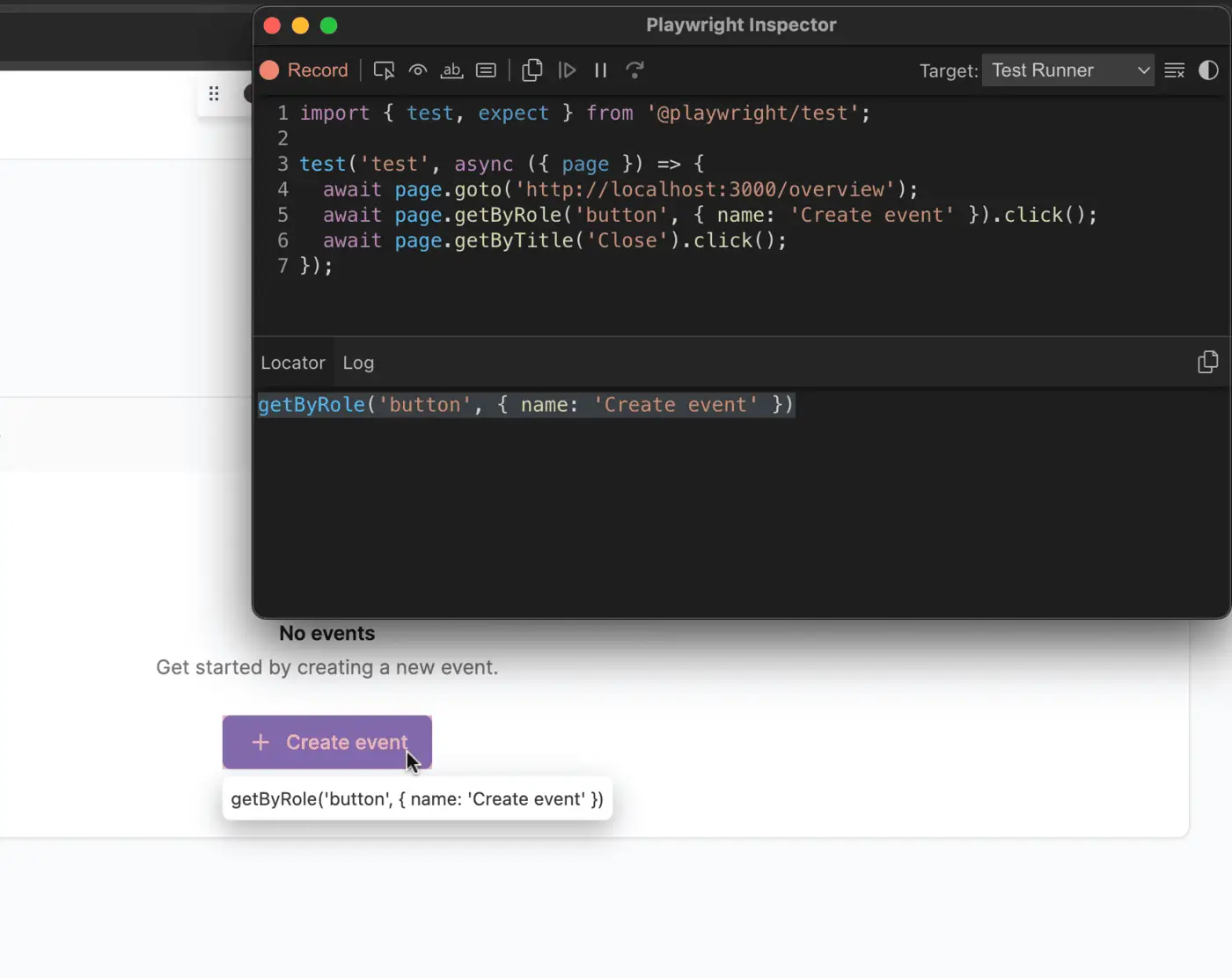 Playwright codegen inspector with the application in the background Playwright codegen inspector with the application in the background