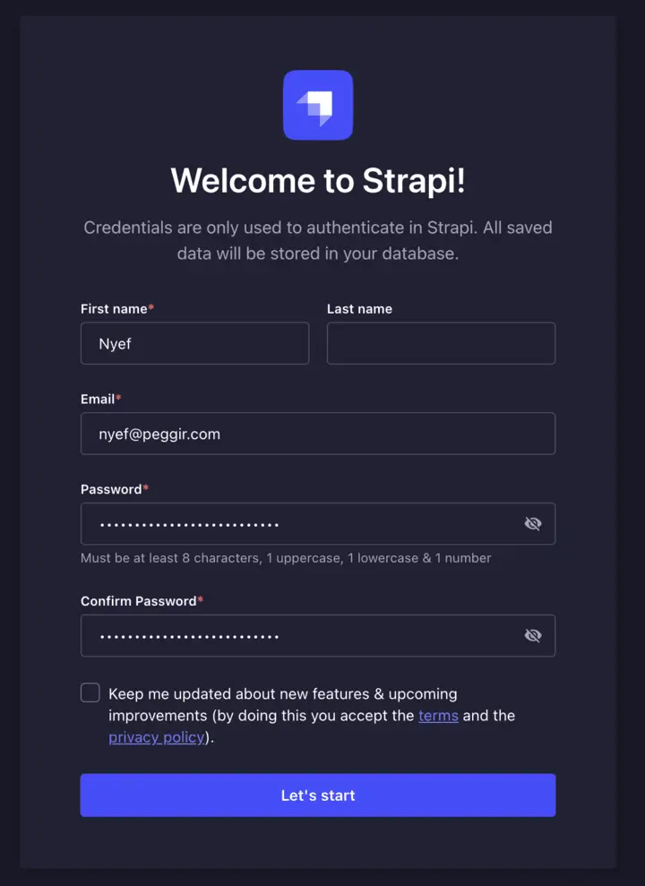 Strapi admin registreren