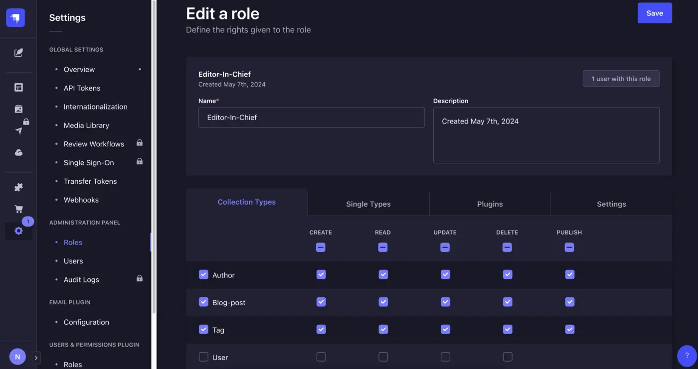 Strapi admin role: Editor-In-Chief