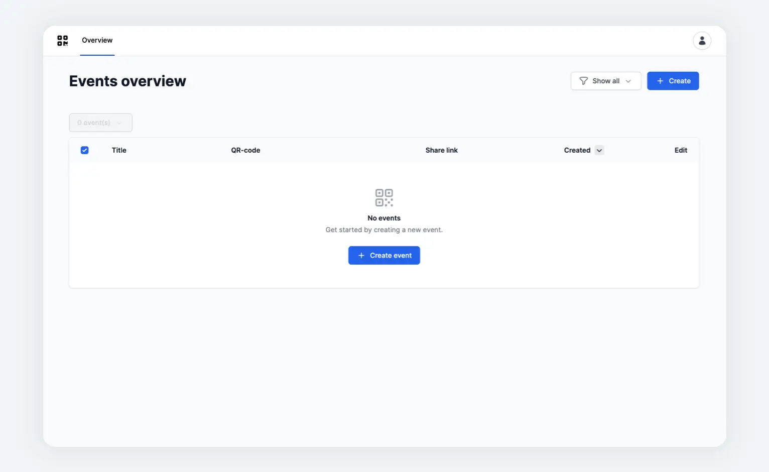 Overview of the admin portal without added events. The dashboard is built with React & Tailwind CSS.