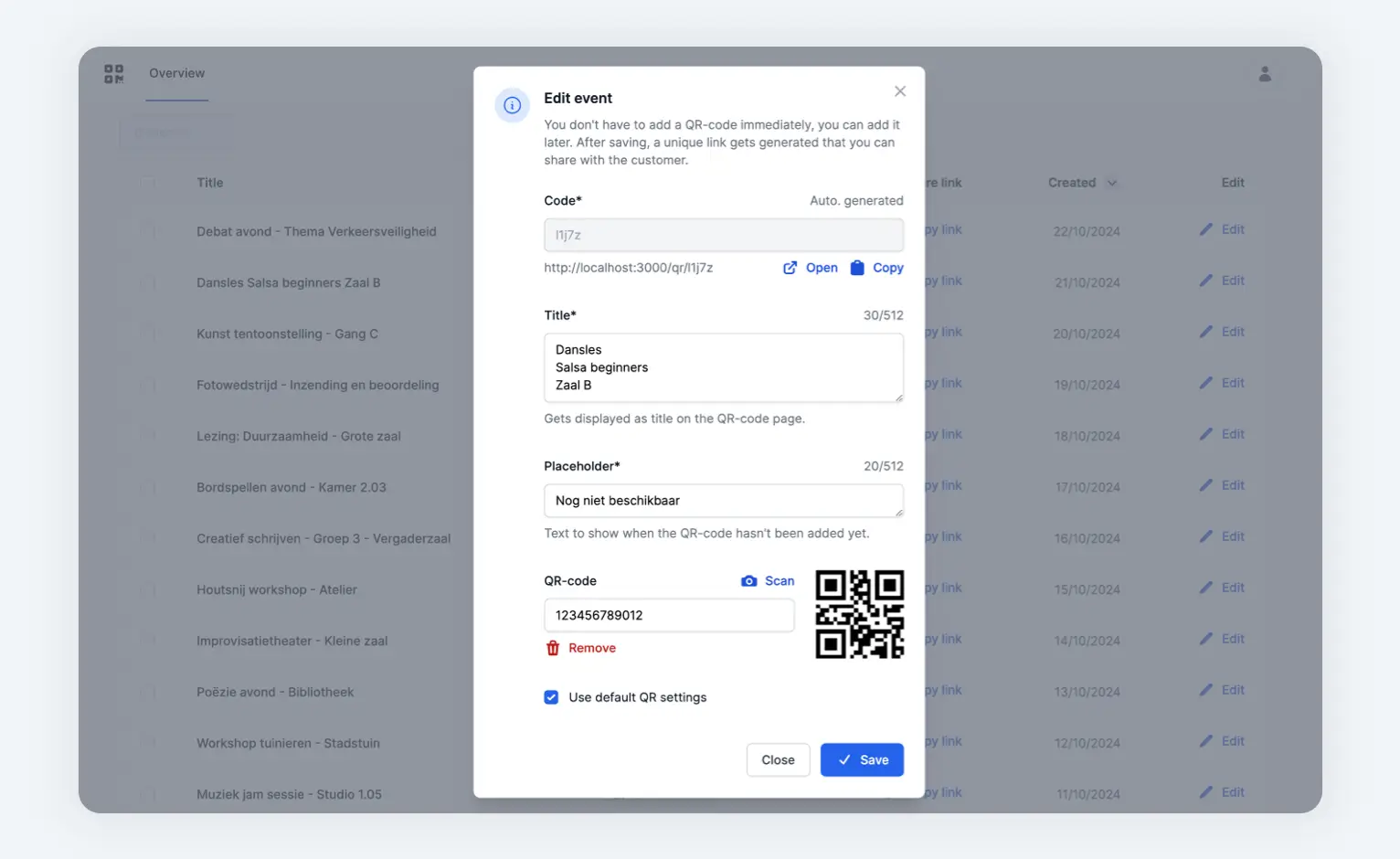 Editing an event by the admin.