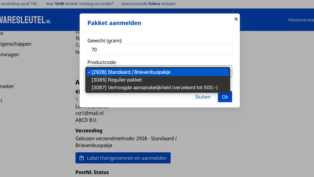 Integration with the PostNL API so that the appropriate labels can be generated with a few clicks.