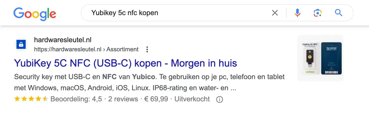 Hardwaresleutel.nl product in Google search results with product information.