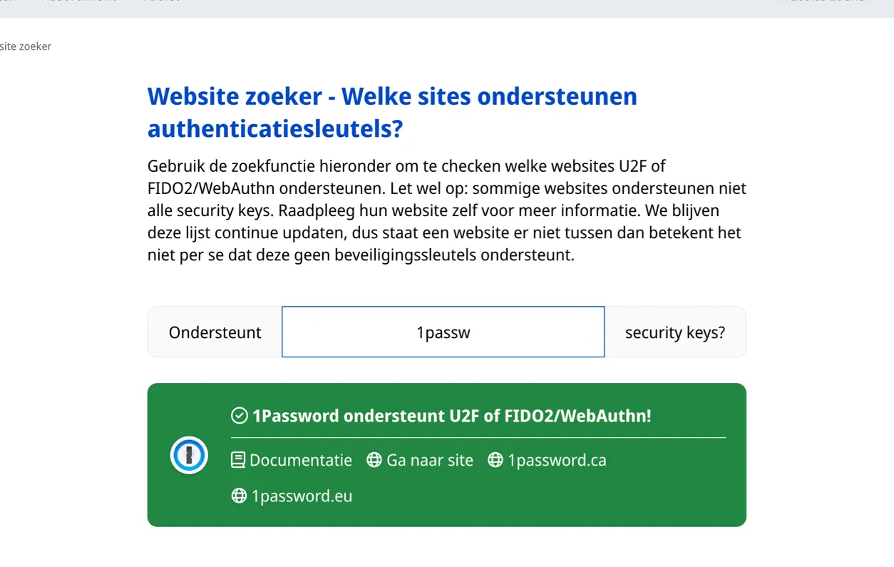 The Website Finder Tool, where you can search for websites and apps to see if they support security keys.