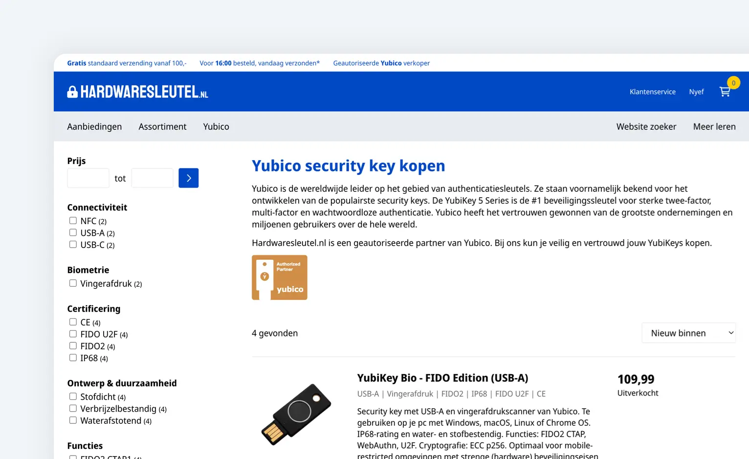 An overview page of products. These can be filtered based on dynamic properties. This can be managed via the admin CMS.
