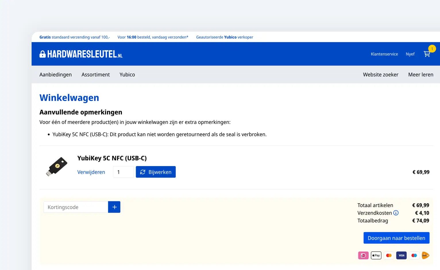 Example of a shopping cart. If a product is not (or no longer) in stock, a notification will appear here.