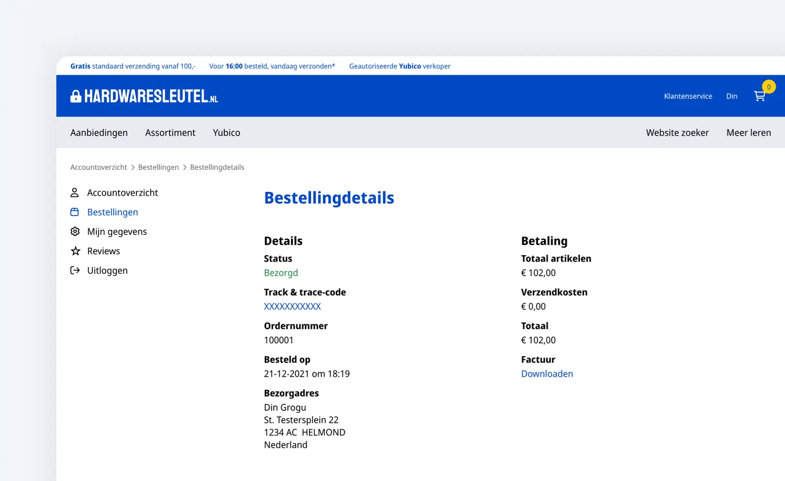 Partial orders page. Returns can also be registered via this page. The status of the order is retrieved after shipping via the PostNL API.
