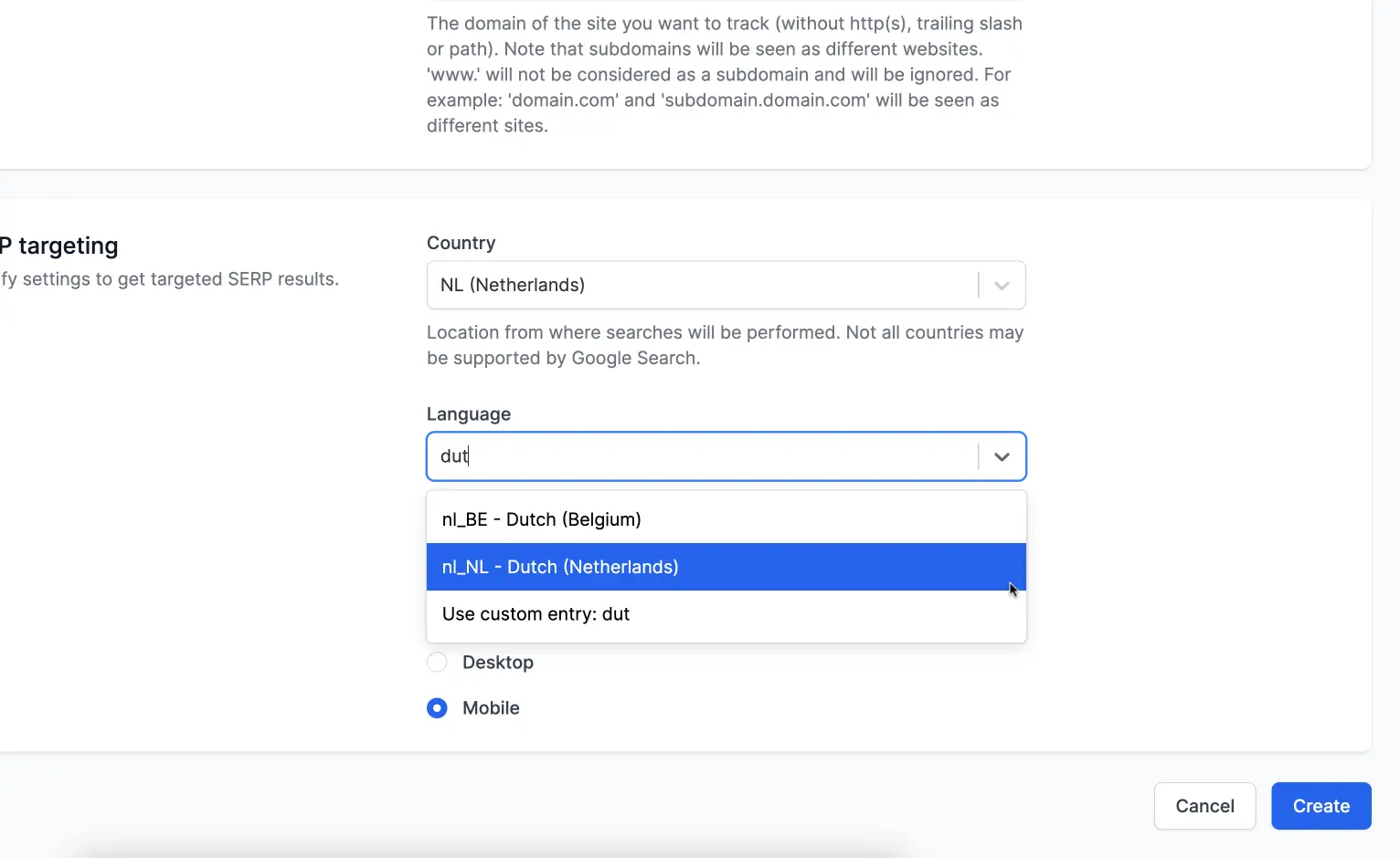 Creating a new project by a user. In the list of dozens of languages, it can be filtered by typing something.
