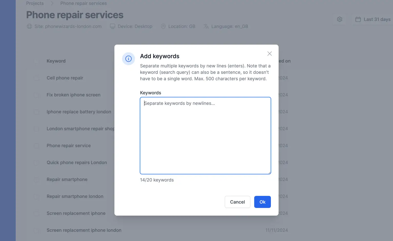 The UX is well thought out, familiar design patterns are applied. For example: instead of adding a keyword 1-by-1, this can be done as a batch operation.