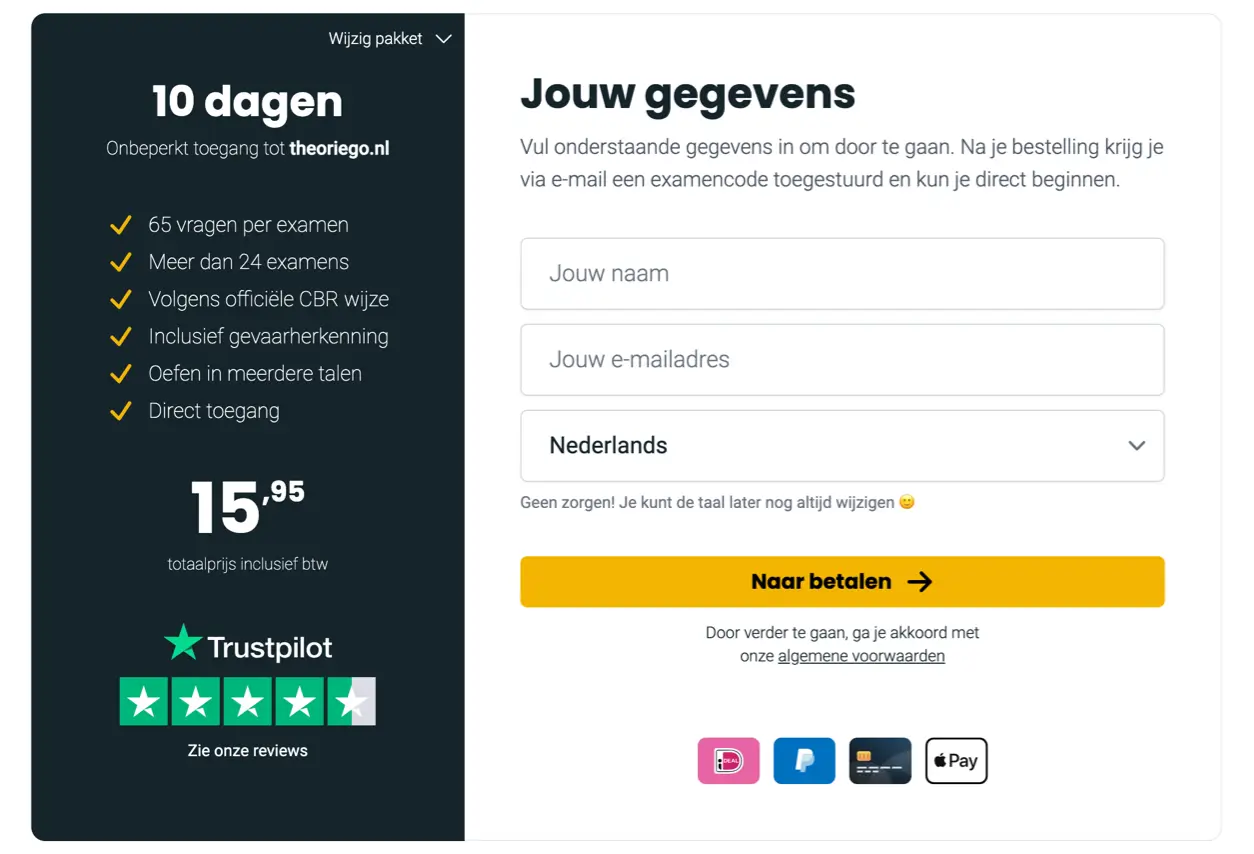 Payment page on TheorieGO.nl connected to an API