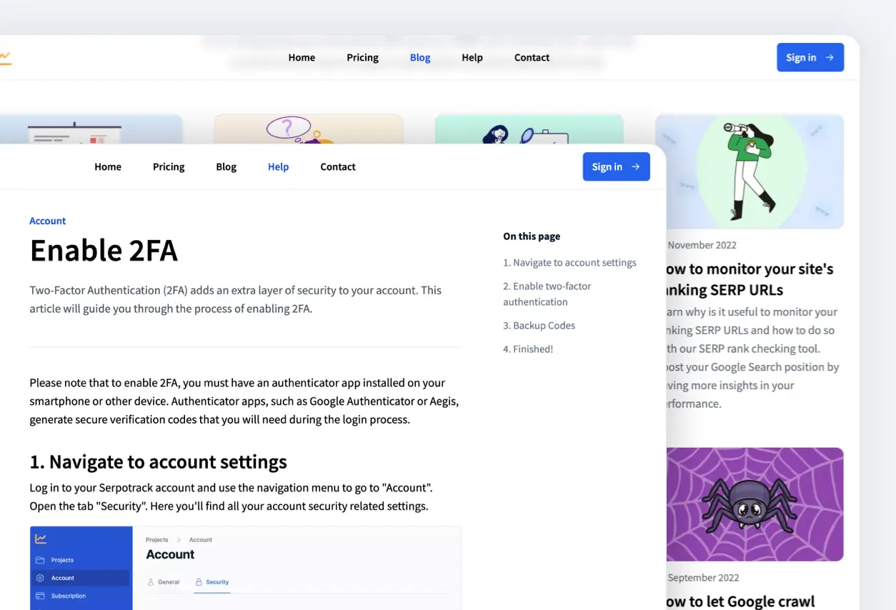 Blog and help articles are retrieved from an external system for Serpotrack