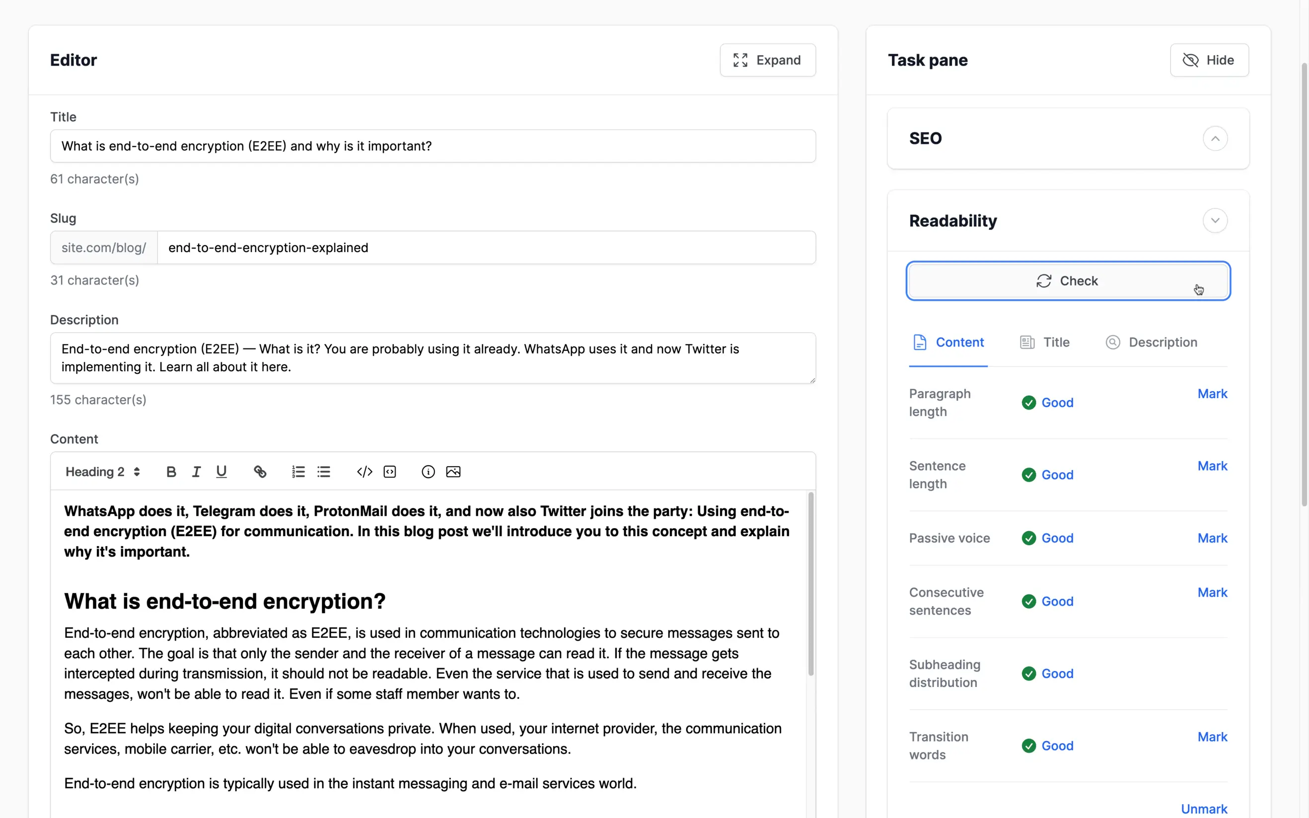 My personal SEO assistant. I can adjust it completely as needed. I use this tool when I write blog posts, such as in this example of a post for Peggir.com.